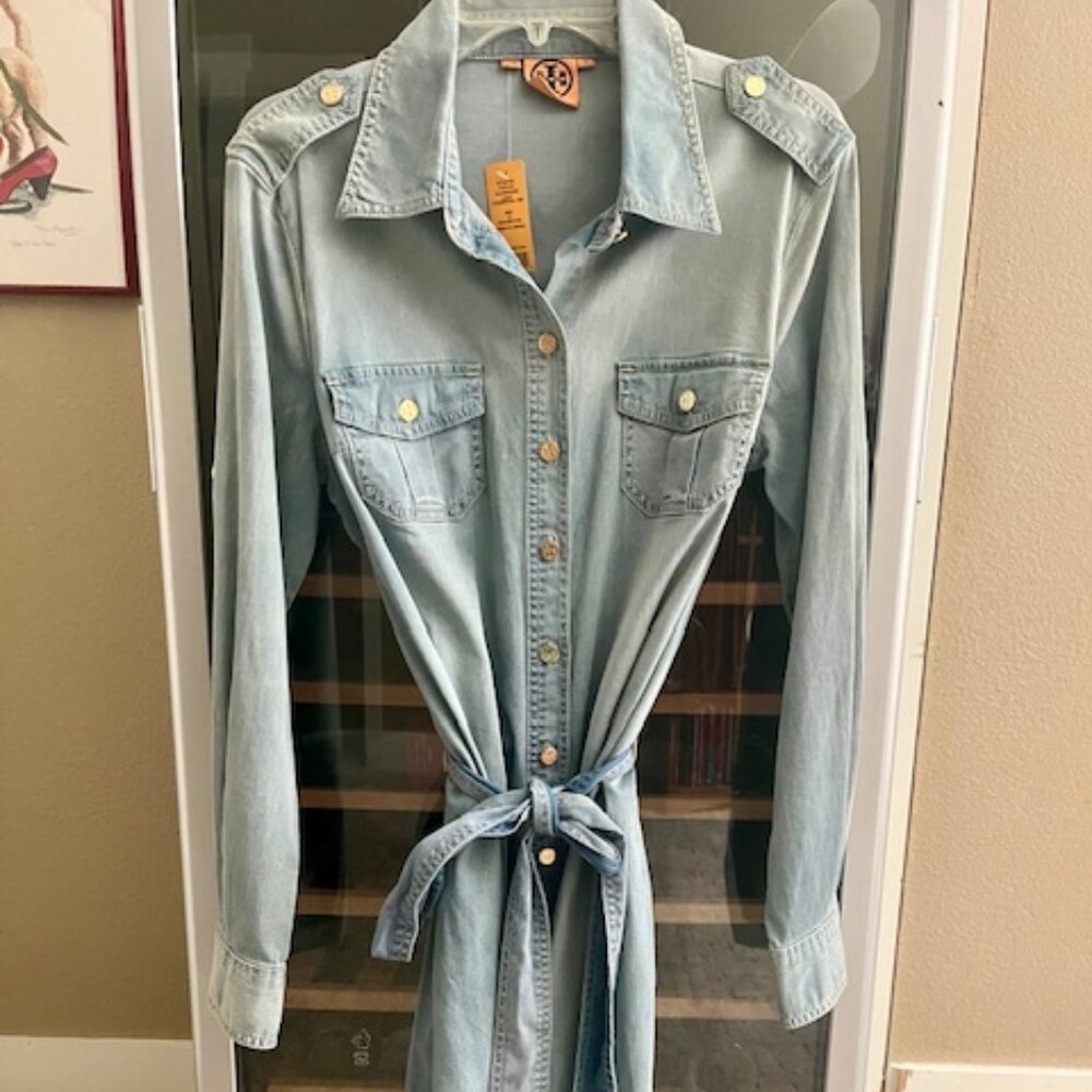 Tory Burch Shirt-Style Denim Dress with Button-Up Front and Size 12.
